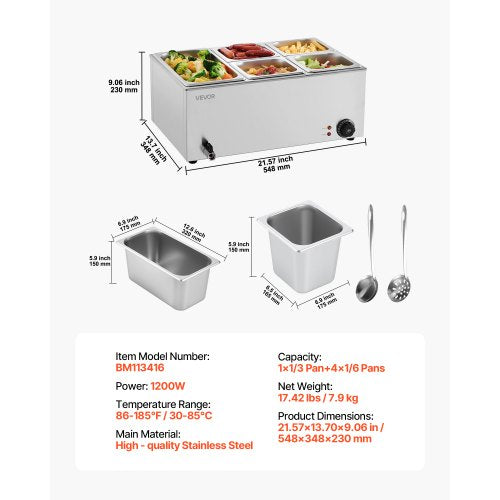 24QT Commercial Food Warmer 5Pan Electric Steam Table 1200W Professional
