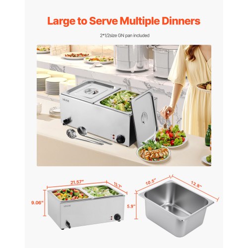 24QT Commercial Food Warmer 2Pan Electric Steam Table 1200W Professional