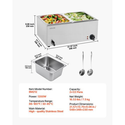 24QT Commercial Food Warmer 2Pan Electric Steam Table 1200W Professional