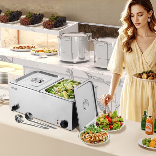 24QT Commercial Food Warmer 2Pan Electric Steam Table 1200W Professional
