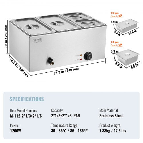 4Pan Commercial Food Warmer 16.4QT Electric Steam Table 1200W