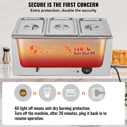 3Pan Commercial Food Warmer 174QT Electric Steam Table 1200W