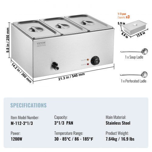 3Pan Commercial Food Warmer 174QT Electric Steam Table 1200W