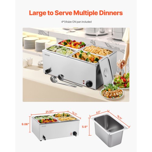 24QT Commercial Food Warmer 4Pan Electric Steam Table 1200W Professional