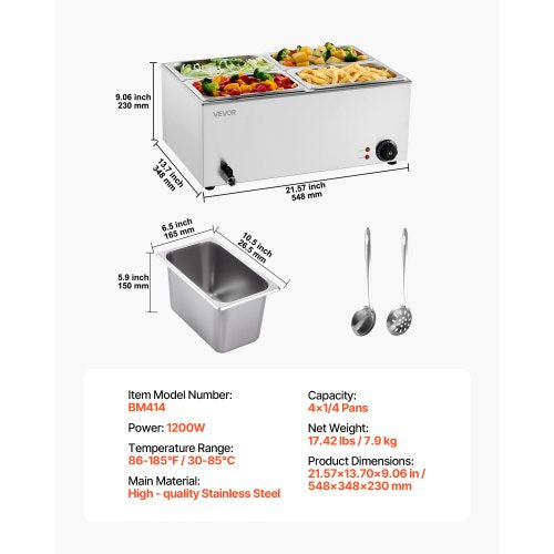 24QT Commercial Food Warmer 4Pan Electric Steam Table 1200W Professional