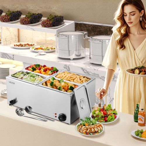 24QT Commercial Food Warmer 4Pan Electric Steam Table 1200W Professional