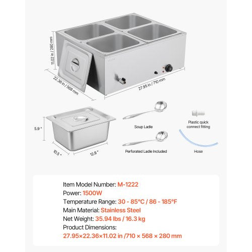Commercial Food Warmer 1500W Electric Stainless Steel Steam Food Warmer 3