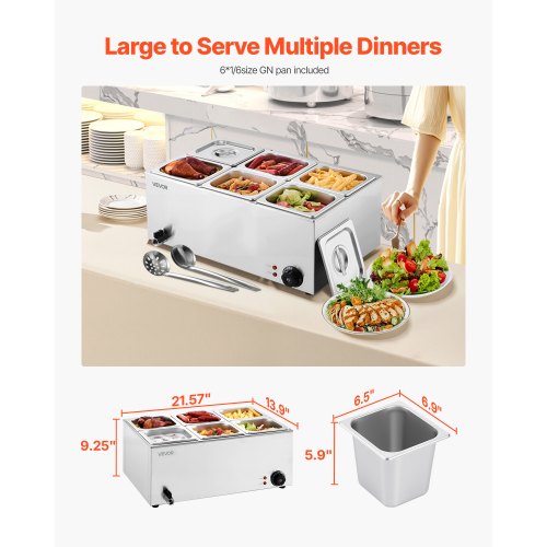 24QT Commercial Food Warmer 6Pan Electric Steam Table 1200W Professional