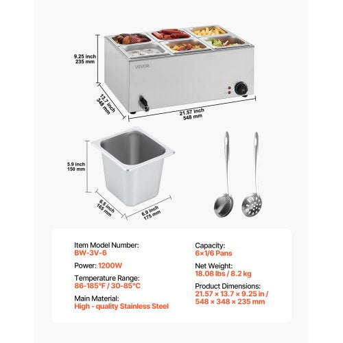 24QT Commercial Food Warmer 6Pan Electric Steam Table 1200W Professional