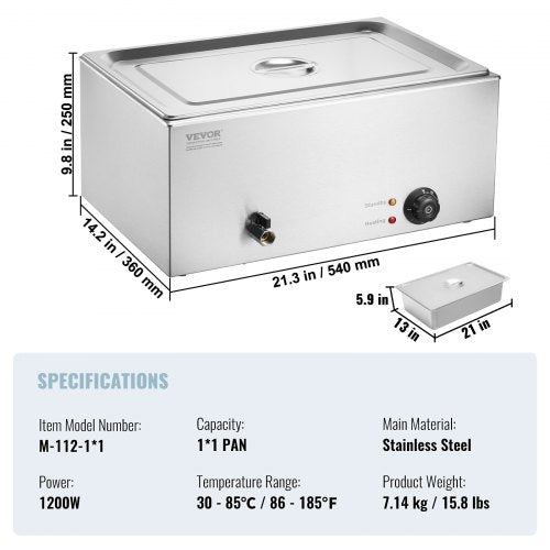 Commercial Electric Food Warmer Countertop Buffet 119Qt Pan Bain Marie – 18 L