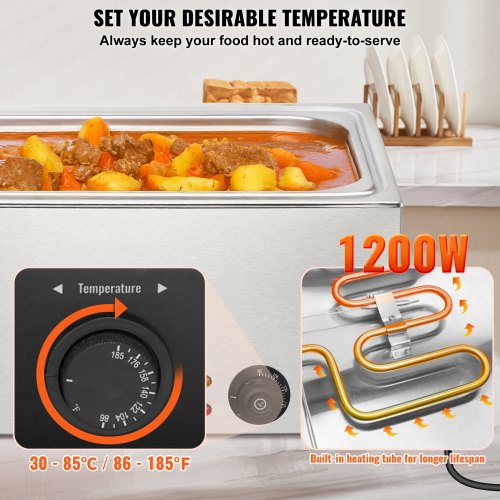 Commercial Food Warmer 19QT Bain Marie 1200W Electric Buffet Warmer Steam