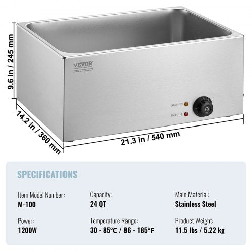Commercial Food Warmer 19QT Bain Marie 1200W Electric Buffet Warmer Steam