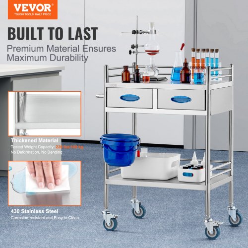 Lab Serving Cart 2 Layers Stainless Steel Utility Rolling Cart Medical
