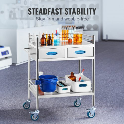Lab Serving Cart 2 Layers Stainless Steel Utility Rolling Cart Medical