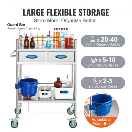 Lab Serving Cart 2 Layers Stainless Steel Utility Rolling Cart Medical