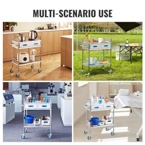 Lab Serving Cart 2 Layers Stainless Steel Utility Rolling Cart Medical