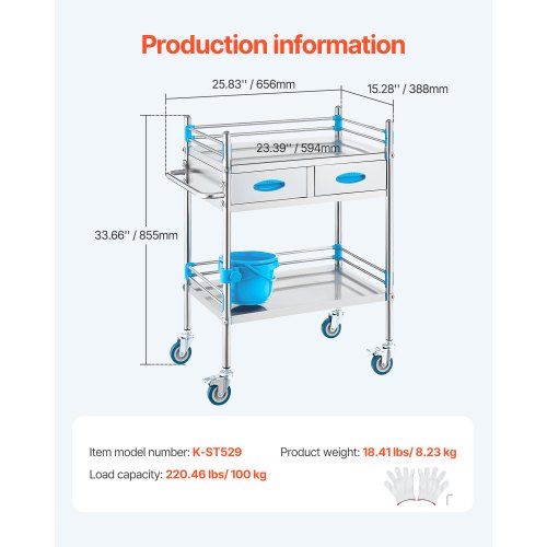 Lab Serving Cart 2 Layers Stainless Steel Utility Rolling Cart Medical