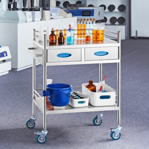 Lab Serving Cart 2 Layers Stainless Steel Utility Rolling Cart Medical