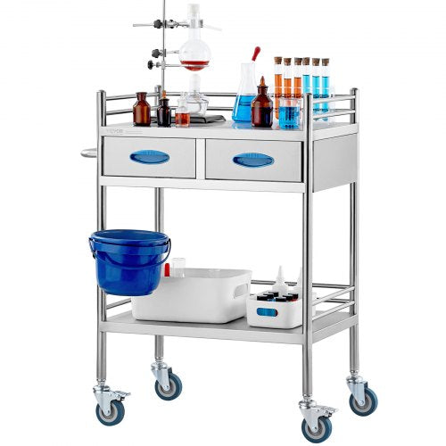 Lab Serving Cart 2 Layers Stainless Steel Utility Rolling Cart Medical