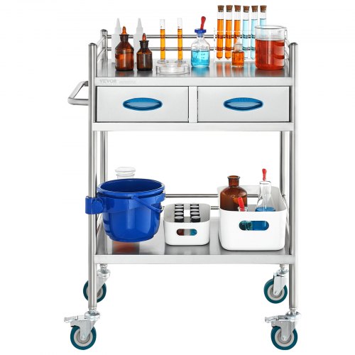 Lab Serving Cart 2 Layers Stainless Steel Utility Rolling Cart Medical