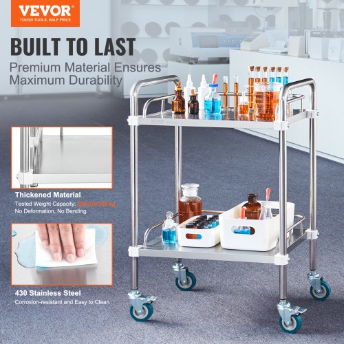 Lab Rolling Cart 2Shelf Stainless Steel Rolling Cart Lab Serving Cart