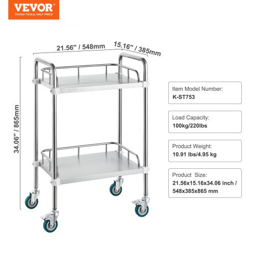 Lab Rolling Cart 2Shelf Stainless Steel Rolling Cart Lab Serving Cart