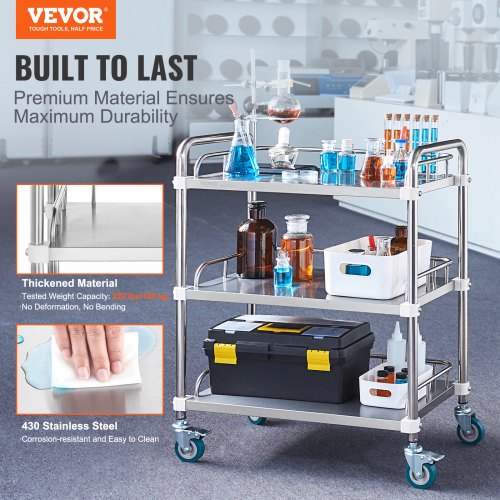 Lab Rolling Cart 3Shelf Stainless Steel Rolling Cart Lab Serving Cart