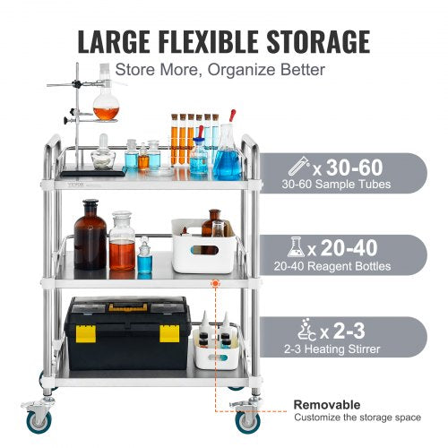 Lab Rolling Cart 3Shelf Stainless Steel Rolling Cart Lab Serving Cart
