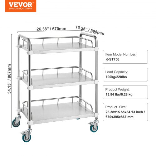 Lab Rolling Cart 3Shelf Stainless Steel Rolling Cart Lab Serving Cart