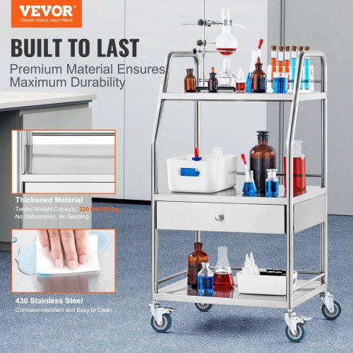 Lab Serving Cart 3 Layers Stainless Steel Utility Rolling Cart Medical