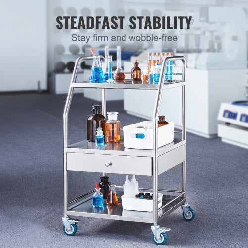 Lab Serving Cart 3 Layers Stainless Steel Utility Rolling Cart Medical
