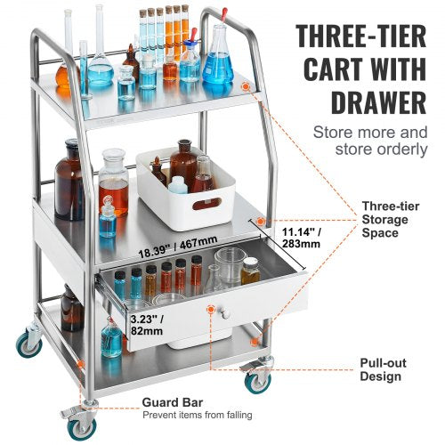 Lab Serving Cart 3 Layers Stainless Steel Utility Rolling Cart Medical