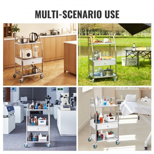 Lab Serving Cart 3 Layers Stainless Steel Utility Rolling Cart Medical