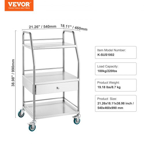 Lab Serving Cart 3 Layers Stainless Steel Utility Rolling Cart Medical