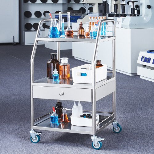 Lab Serving Cart 3 Layers Stainless Steel Utility Rolling Cart Medical