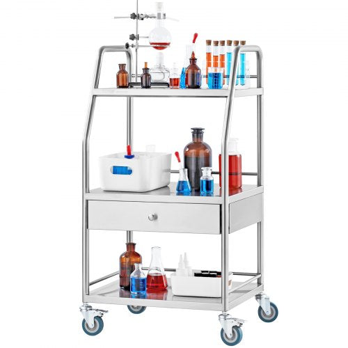 Lab Serving Cart 3 Layers Stainless Steel Utility Rolling Cart Medical