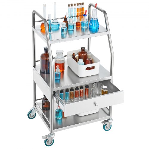 Lab Serving Cart 3 Layers Stainless Steel Utility Rolling Cart Medical