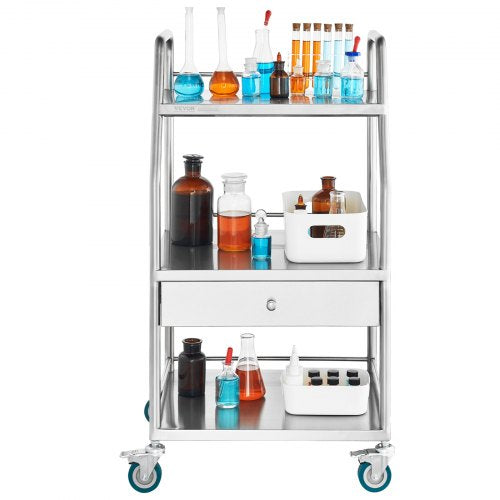 Lab Serving Cart 3 Layers Stainless Steel Utility Rolling Cart Medical