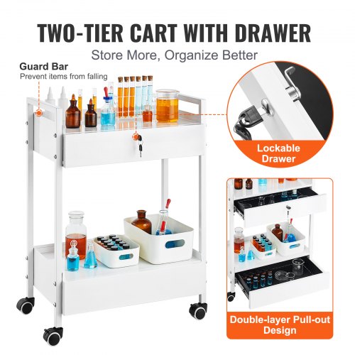 Lab Cart 2 Tiers Stainless Steel Utility Cart Medical Cart with 2 Drawers