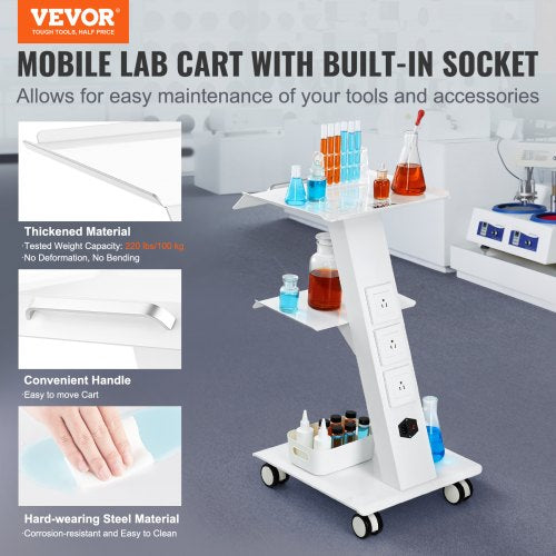 Lab Trolley Rolling Lab Cart with Builtin Socket 3Layer Metal Mobile