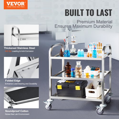 Stainless Steel Cart 3 Layers Lab Utility Cart 400 lbs Weight Capacity