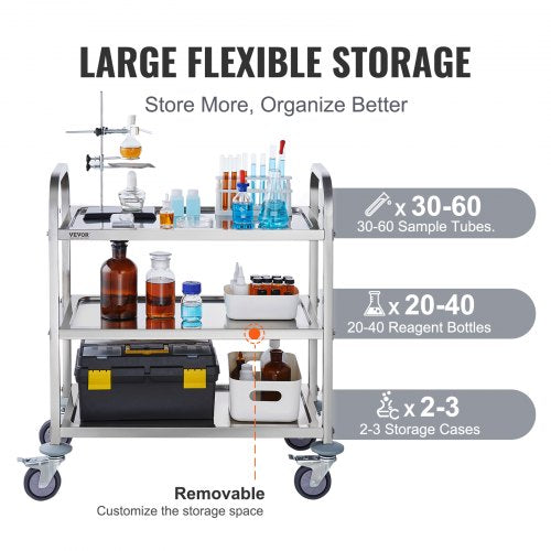 Stainless Steel Cart 3 Layers Lab Utility Cart 400 lbs Weight Capacity