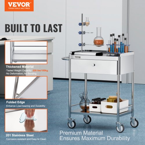 Medical Cart 2Layer Stainless Steel Cart 220 lbs Weight Capacity Lab