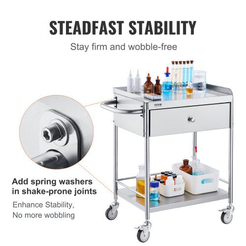 Medical Cart 2Layer Stainless Steel Cart 220 lbs Weight Capacity Lab