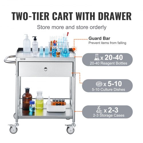 Medical Cart 2Layer Stainless Steel Cart 220 lbs Weight Capacity Lab