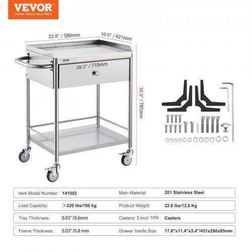 Medical Cart 2Layer Stainless Steel Cart 220 lbs Weight Capacity Lab