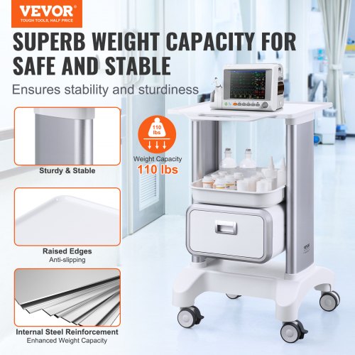 2 Tiers Lab Carts Lab Utility Cart with 1 Drawer 1 Top Tray Mobile