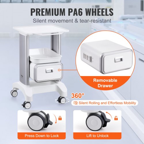 2 Tiers Lab Carts Lab Utility Cart with 1 Drawer 1 Top Tray Mobile