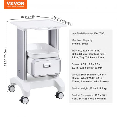 2 Tiers Lab Carts Lab Utility Cart with 1 Drawer 1 Top Tray Mobile
