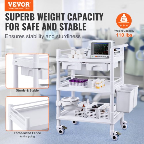 3 Tiers Lab Carts Lab Utility Cart with 3 Trays 4 Silent Wheels Mobile